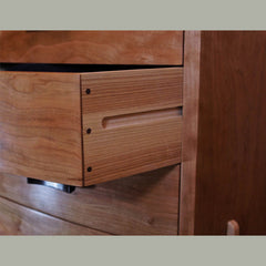 Drawer detail of bowfront cherry dresser with spalted maple and wenge accents