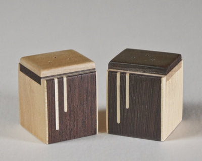 Modern salt and pepper shakers of wenge wood with a maple inlay, A great wedding or house gift,