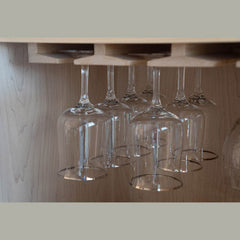 detail of glasses holder in hand crafted maple wine cabinet