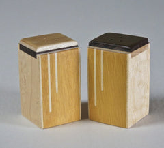 Modern salt and pepper shakers of osage orange wood with a maple inlay,  A great wedding or house gift,