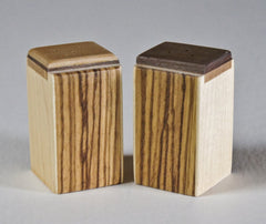 Modern salt and pepper shakers of zebra wood with a maple inlay,  A great wedding or house gift,