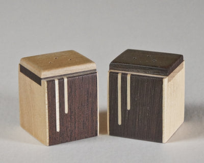 Modern salt and pepper shakers of wenge wood with a maple inlay,  A great wedding or house gift,